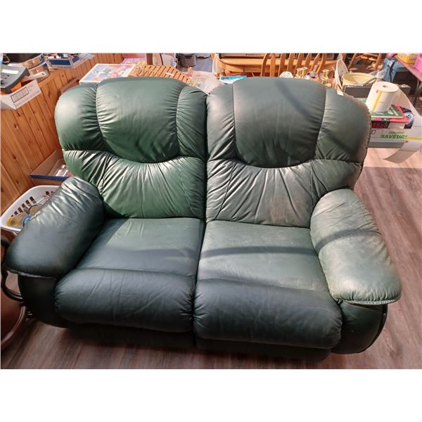 FOREST GREEN LOVE SEAT, LEATHER, RECLINING