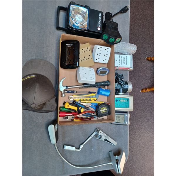 ASSORTED TOOLS, MULTIPLUG, PLUG WITH ON/OFF REMOTE, AND VARIOUS LIGHTS