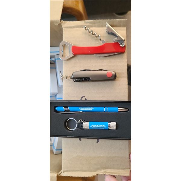 LARGE BOX OF PROMOTIONAL GOODIES. INCLUDING LIGHTS, PENS, KEYCHAINS, SCREWDRIVET SET ETC