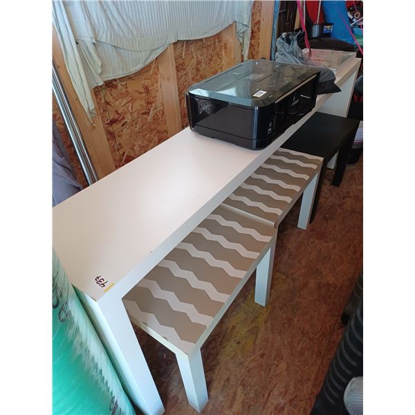 TALL TABLE 14"W x 75"L X 29"H & 3 SIDE TABLES 21" SQ.