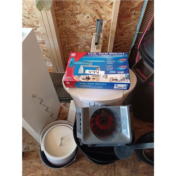 SATELITTE DISH, GARBAGE CANS, BUCKET; VCR/DVD WALL MOUNT