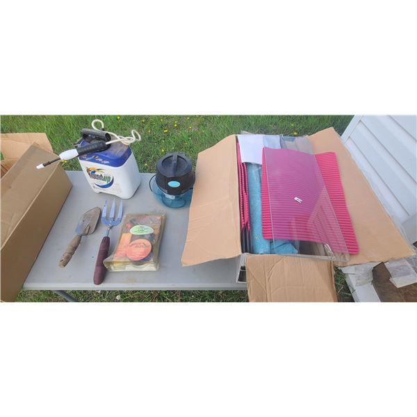 BOX OF MISC. GARDEN SUPPLIES, TV TRAYS, ETC.