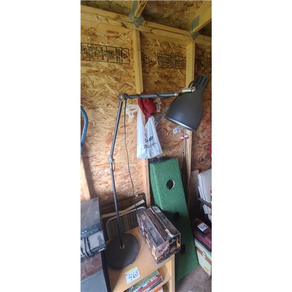LAMP, BOX OF FIRE LOGS, METAL FOLDING TABLE, WOOD STAND