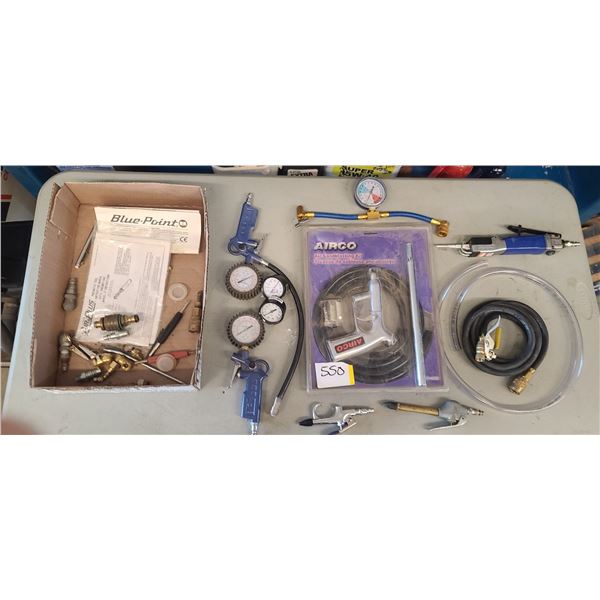 "AIRCO" SANDBLASTING KIT, BLUE POINT AIR RECIP. SAW & ASSORT. OF ADAPTORS, GUAGES, ETC.