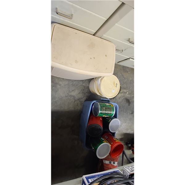 ASSORT. STORAGE BINS & CANNISTERS W/ MISC. CAMPING ITEMS