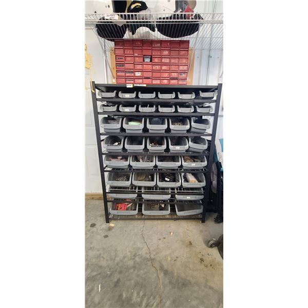 LARGE 36 DRAWER/TRAY PARTS BIN UNIT COMES WITH CONTENT, PLEASE SEE IMAGES FOR MORE DETIAIL. UNIT SIZ