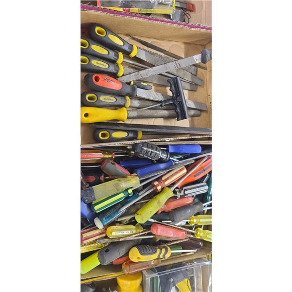 1 LOT: RASPS  & FILES + A FLAT OF LARGE ASSORTMENT OF SCREWDRIVERS.