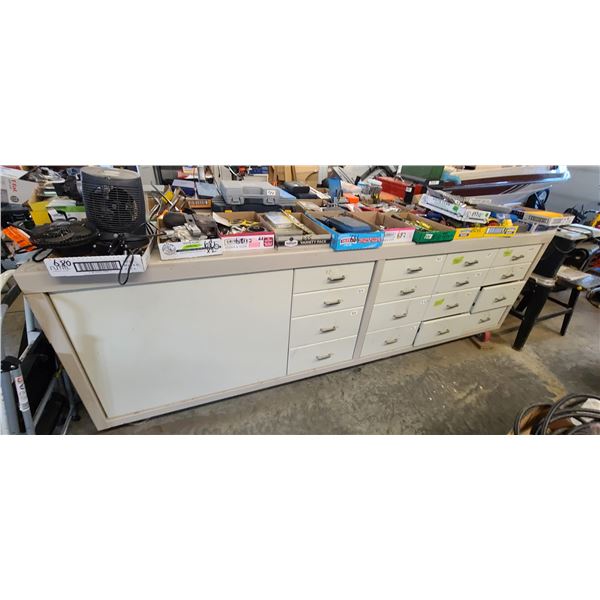 SOLID STEEL PARTITIONED WORKBENCH DOUBLE SIDED WITH DRAWER AND CUBBYS COMES ON HEAVY DUTY CASTERS AN