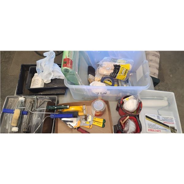 BIN OF ASSORTED PAINTING SUPPLIES, TRAYS, ROLLERS, BRUSHES, TROWEL,ETC.