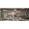 Image 10 : 5 GAL. TANK W/ PUMP & PRESSURE GAUGE (FULL OF UNKNOWN) & PLASTIC TOOL BOX W/ MISC. GREASY TOOLS