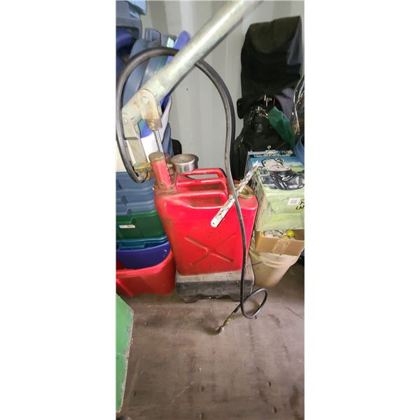 5 GAL. TANK W/ PUMP & PRESSURE GAUGE (FULL OF UNKNOWN) & PLASTIC TOOL BOX W/ MISC. GREASY TOOLS