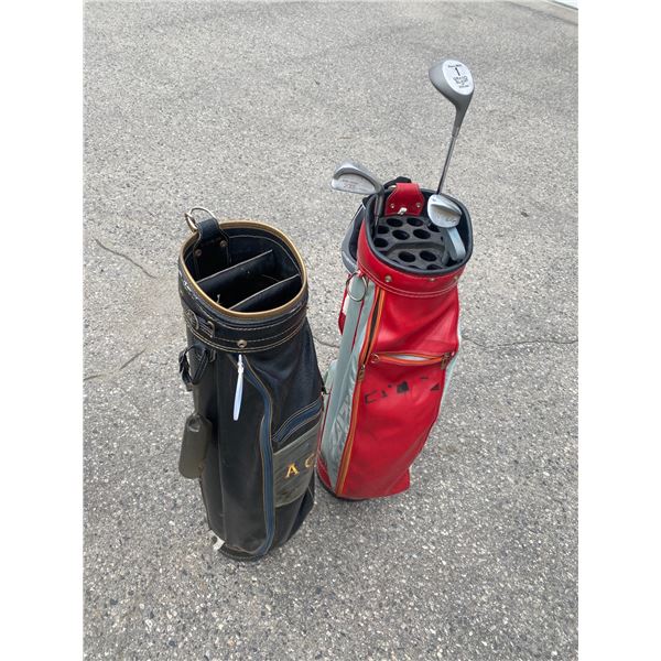 Golf bags and a few clubs