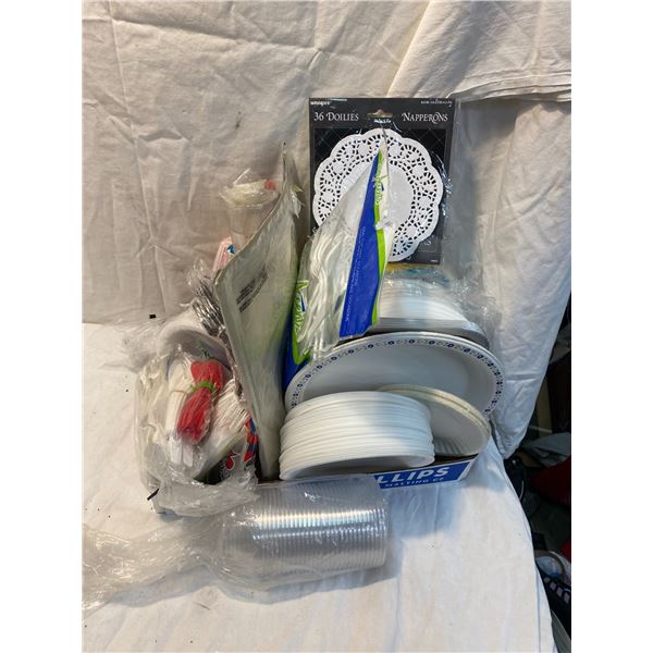 Disposable plates, bowls forks spoons , straws etc