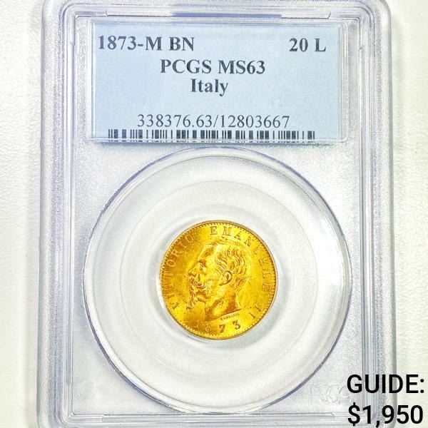 1873-M BN Gold 20 L Italy PCGS MS63