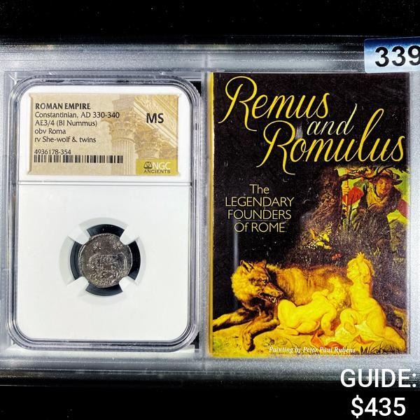 330-340 AD Rmn Emp AE3/4 BL Nummus NGC - MS
