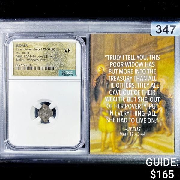 135-37 BC Judaea AE Prutah 'Widow's Mite' NGC - VF