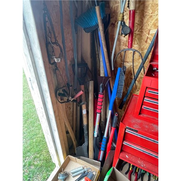 Shovels, brooms, booster cables, pitch fork windshield scraper