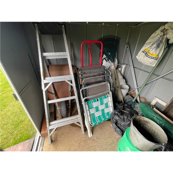 Carious folding lawn chairs, step ladder, wheelbarrow