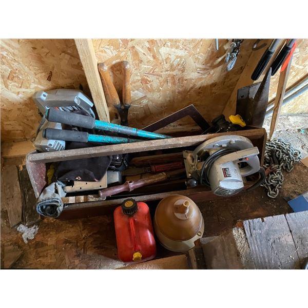 Wooden toolbox w/Skil saws, assorted tools, bolt cutters