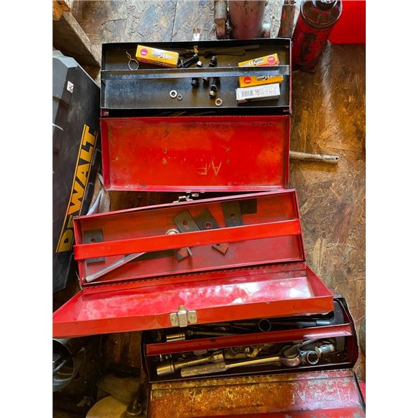3 metal Tool boxes, Bottle Jacks, Jerry Cans