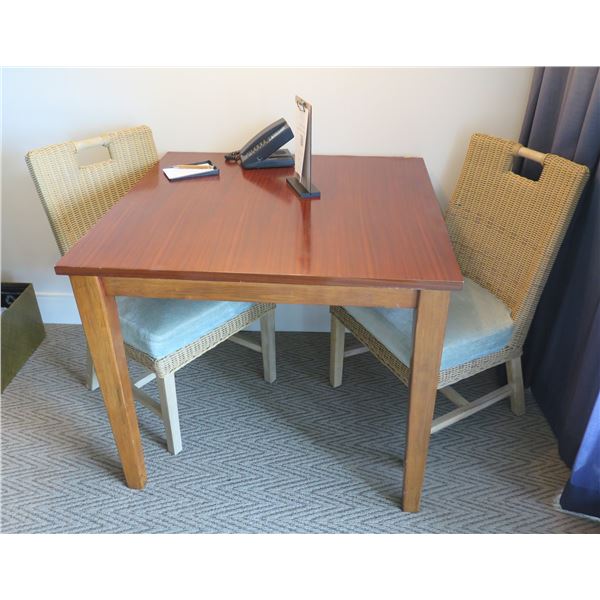 Samuelson Wooden Table w/ 2 Woven Rattan & Wood Upholstered Chairs