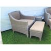 Image 2 : Qty 2 Synthetic Rattan Armchairs 28"x27"x25" w/ 2 Ottomans & Matching Table 14"Dx20"H