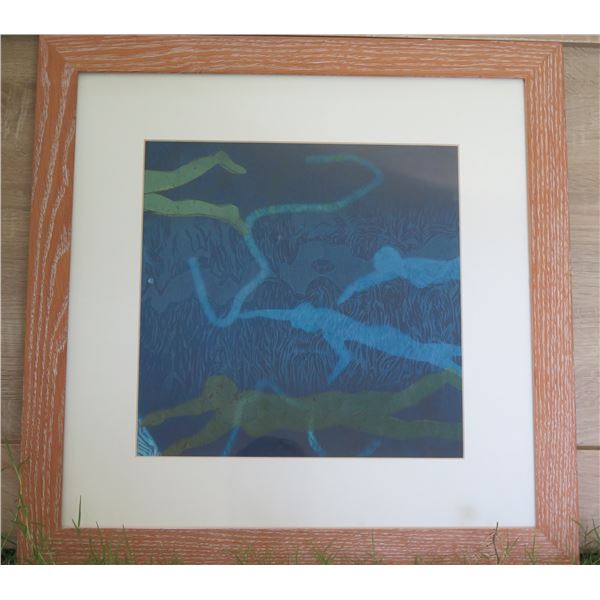 Wood Framed Swimmer Abstract Art 20"x20"