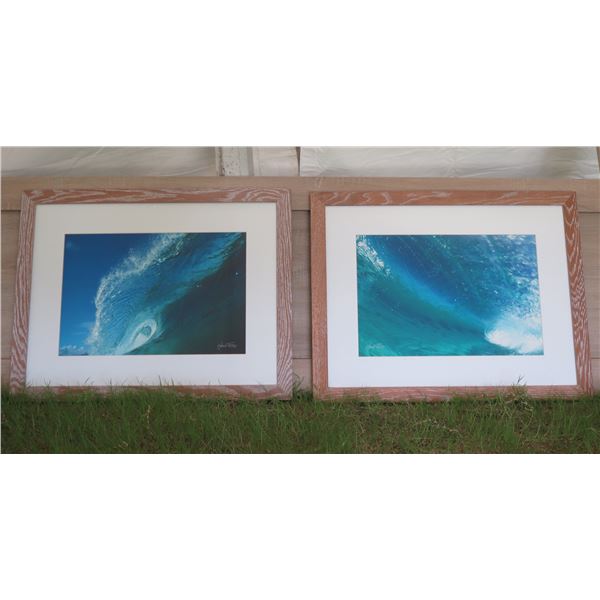 Pair Wood Framed Big Wave Photos Signed Hank Foto 28"x22"