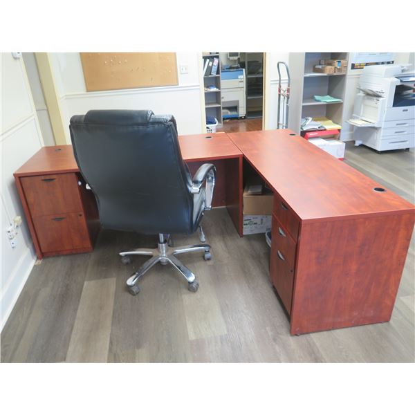 Wooden Desk Ensemble w/ Office Chair, L Configuration