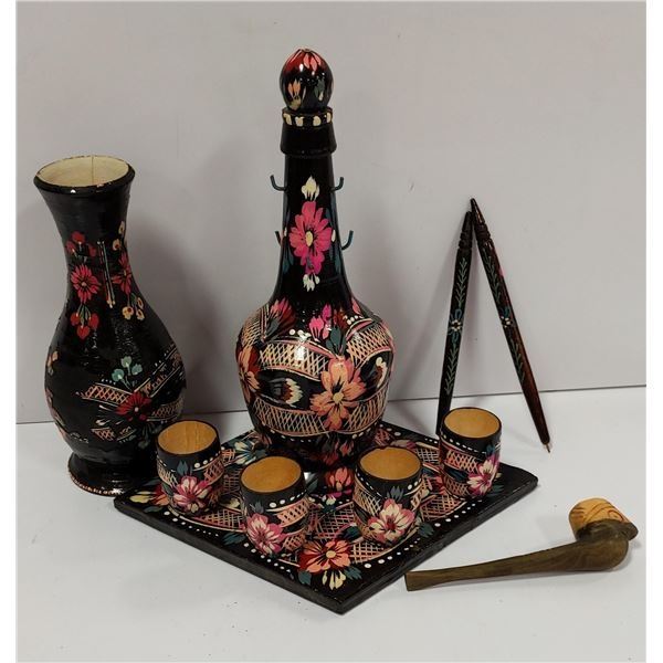 Indonesian Hand Painted Wood Decorative Tea Set