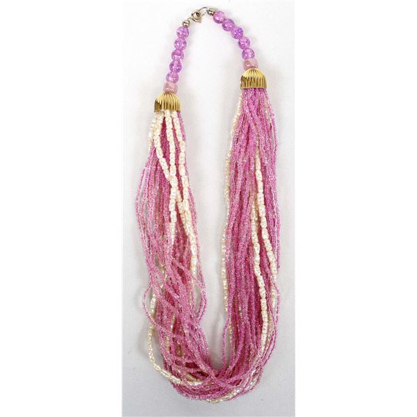 Hand Beaded Pink and White Necklace by Kills Thunder