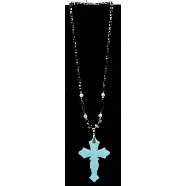 Hematite Bead Necklace with Dyed Howlite Cross
