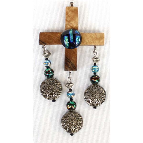 Dichroic Glass Cabochon & Wood Cross Pendant