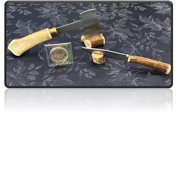 Handmade Elk Horn Hatchet & Knife with ETSC Gold Coin