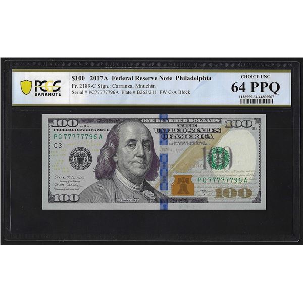 2017A $100 Federal Reserve Bank Note PCGS Choice Uncirculated 64PPQ Fancy Serial