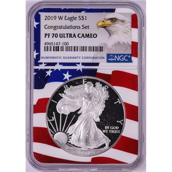 2019-W $1 Proof American Silver Eagle Coin NGC PF70 Ultra Cameo Congratulations Flag