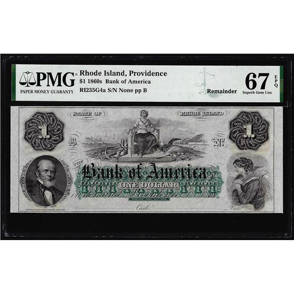 1860's $1 Bank of America Providence, RI Obsolete Note PMG Superb Gem Unc 67EPQ