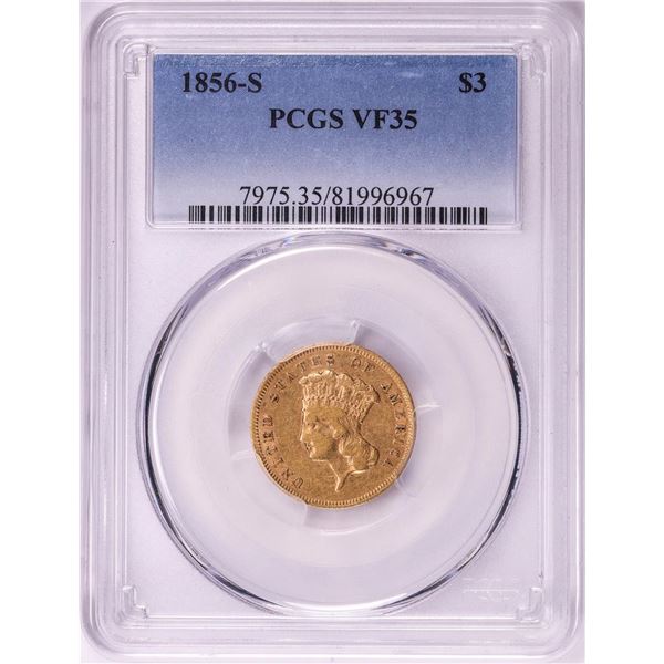 1856-S $3 Indian Princess Head Gold Coin PCGS VF35