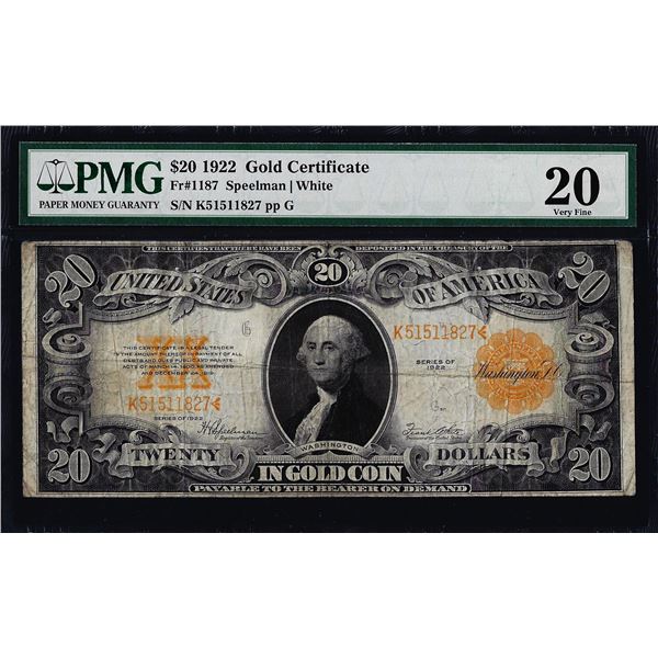 1922 $20 Gold Certificate Note Fr.1187 PMG Very Fine 20