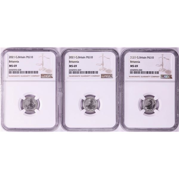 Lot of (3) 2021 Great Britain 10 Pounds Britannia 1/10oz Platinum Coins NGC MS69