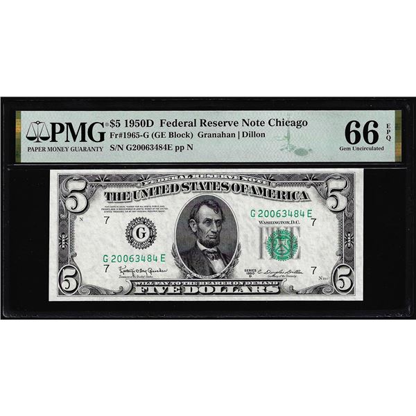 1950D $5 Federal Reserve Note Chicago Fr.1965-G PMG Gem Uncirculated 66EPQ