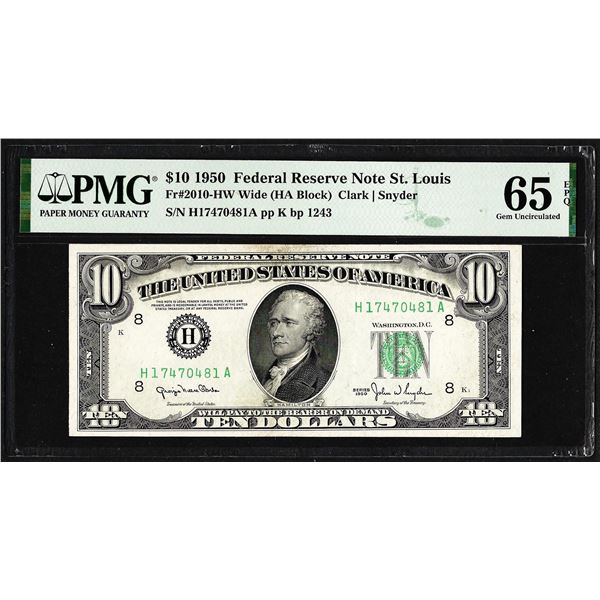 1950 $10 Federal Reserve Note St. Louis Fr.2010-HW PMG Gem Uncirculated 65EPQ