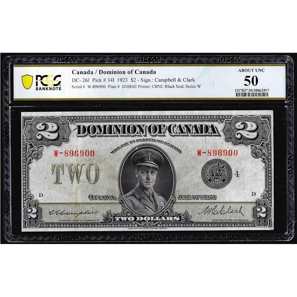 1923 $2 Dominion of Canada Note DC-26i Pick# 341 PCGS About Uncirculated 50