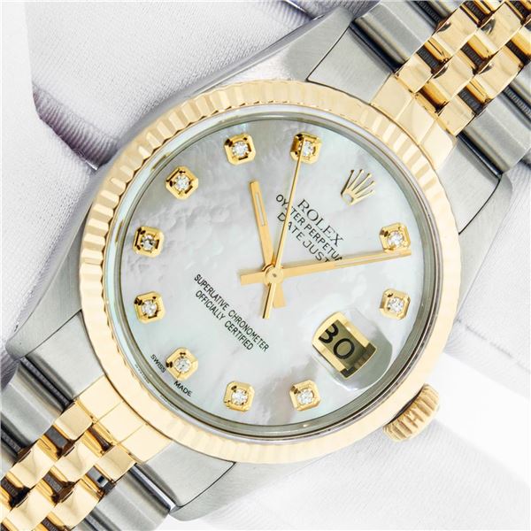 Rolex Men's Two Tone Mother Of Pearl VS Diamond Datejust Wristwatch With Rolex Box