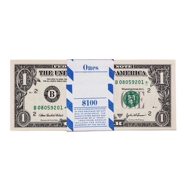 Pack of (100) Consecutive 2003A $1 Federal Reserve STAR Notes New York