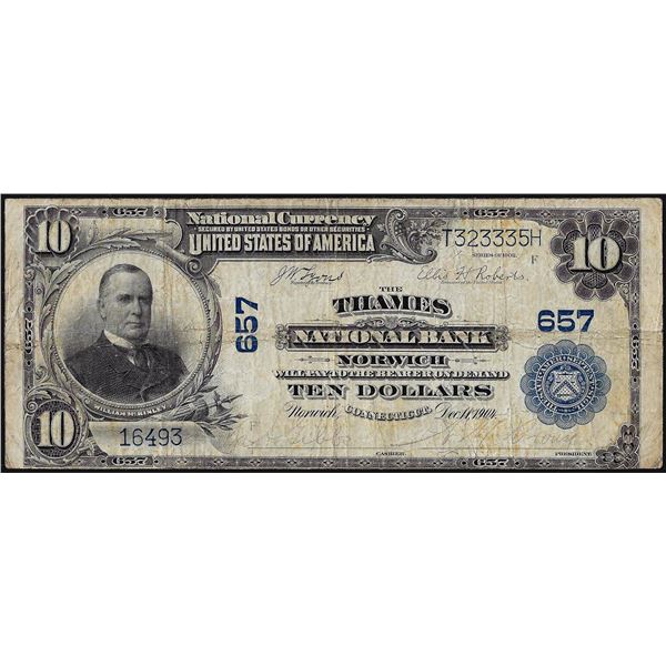 1902PB $10 Thames National Bank Norwich, CT CH# 657 National Currency Note