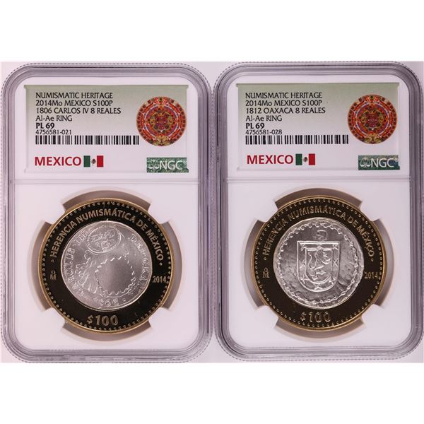Lot of (2) 2014Mo Mexico 100 Pesos Bi-Metal Silver Coins NGC PL69