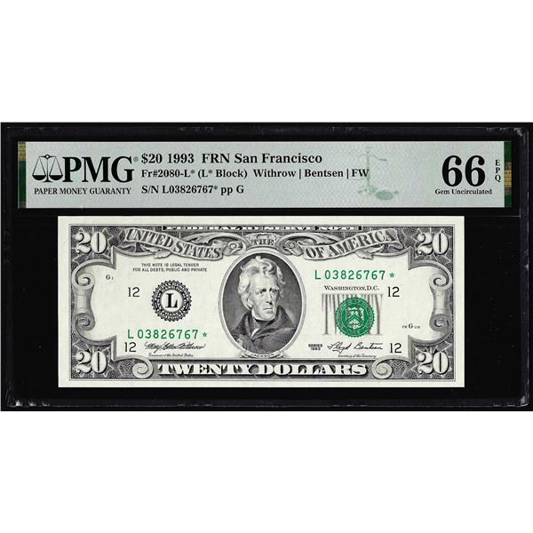 1993 $20 Federal Reserve Star Note San Francisco Fr.2080-L* PMG Gem Uncirculated 66EPQ