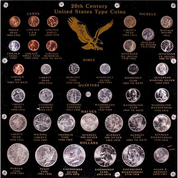 20th Century United States Type Coin Set in Capital Plastics Board