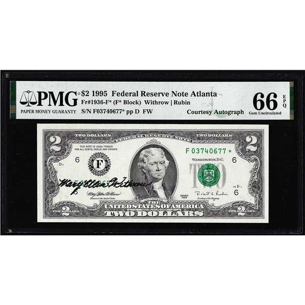 1995 $2 Federal Reserve Star Note Atlanta Courtesy Auto PMG Gem Uncirculated 66EPQ